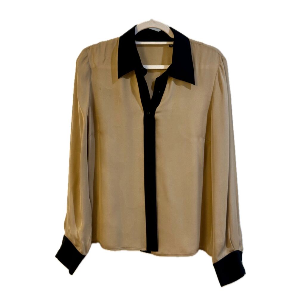 Carlisle Toffee and Black 100% Silk Button-Up Semi-Sheer Blouse Size 8 - Picture 5 of 7